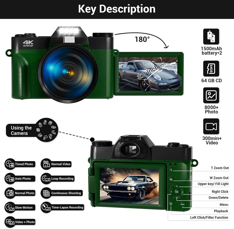SMARTKLIK 4K Digital Camera for Photography Autofocus 75MP 16X Digital Zoom with 3'' 180° Flip Screen Vlogging YouTube Video Students Compact Cameras with 2 Batteries 64GB Micro SD Card(DeepGreen) - Image 4